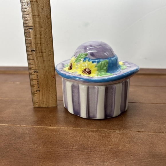 Sun Hat Garden Jewelry Trinket Box Yellow Sun Flowers Purple White‎ Stripes - Picture 2 of 6